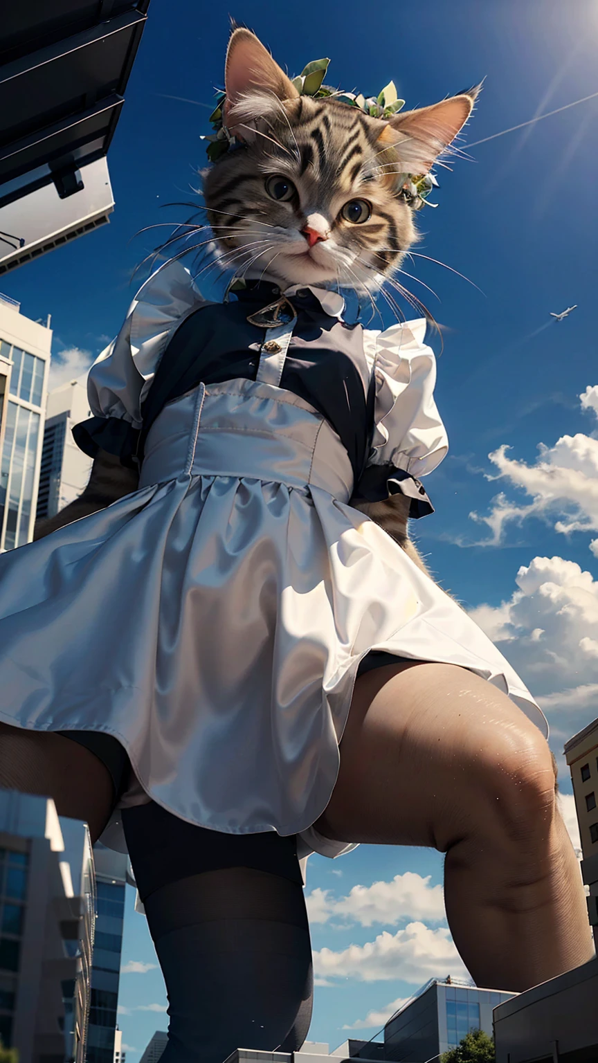 (Highest quality, masterpiece:1.2), 1高層ビルよりも大きい女性を上空側から撮影した航空photograph, She looks up at the camera, Cat in the face, Super giant, 5000 ft tall giantess, Make the city smaller, Micro City, Giga Giant, Depth of written boundary, High resolution, 超High resolution, 8K, Very detailed, Realistic, Sun light,Focus on the details, Maid clothes, skin, photograph, Beautiful elements