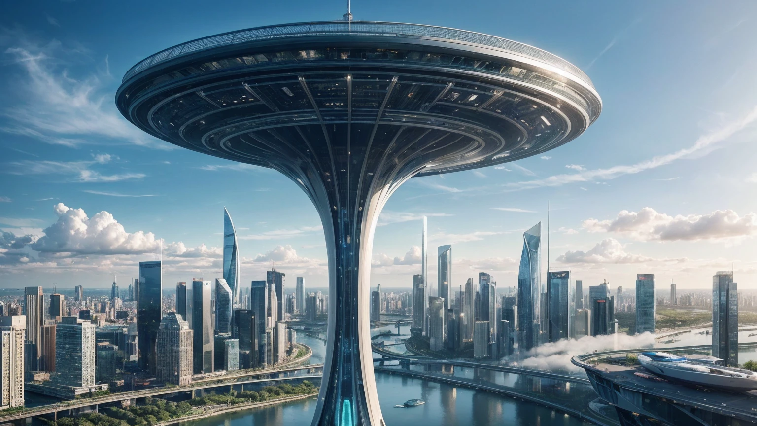 (Best quality,4K,8K,A high resolution,Masterpiece:1.2),Ultra-detailed,(Realistic,Photorealistic,photo-realistic:1.37),Futuristic floating city,Futuristic technology,Huge urban high-tech tablet platform,Airship,Floating in the sky,Futuristic city,Small airships around,High-tech hemispherical platform,Colorful lights,Advanced architecture,modernn architecture,skyscrapper,Access the cloud,Scenic beauty,view over city,Impressive design,Blend seamlessly with nature,energetic and vibrant atmosphere,Futuristic transportation system,Parking is suspended,Transparent path,Lush greenery,Sky gardens,cascading waterfalls,Magnificent skyline,reflections on the water,Sparkling river,Architectural innovation,futuristic skyscrapers,Transparent dome,The shape of the building is unusual,Elevated walkway,Impressive skyline,Glowing lights,Futuristic technology,Minimalist design,Scenic spots,Panoramic view,Cloud Piercing Tower,Vibrant colors,epic sunrise,epic sunset,Dazzling light display,magical ambiance,The future city,Urban Utopia,LuxuryLifestyle,Innovative energy,sustainable development,Smart city technology,Advanced infrastructure,Tranquil atmosphere,Nature and technology live in harmony,Awesome cityscape,Unprecedented urban planning,Architecture connects seamlessly with nature,High-tech metropolis,A cutting-edge engineering marvel,The future of urban living,Visionary architectural concept,Energy-efficient buildings,Harmony with the environment,A city floating above the clouds,Utopian dreams become reality,The possibilities are endless,State-of-the-art transportation network,Green energy integration,Innovative materials,Impressive holographic display,Advanced communication system,Breathtaking aerial view,Quiet and peaceful environment,Modernist aesthetics,Ethereal beauty