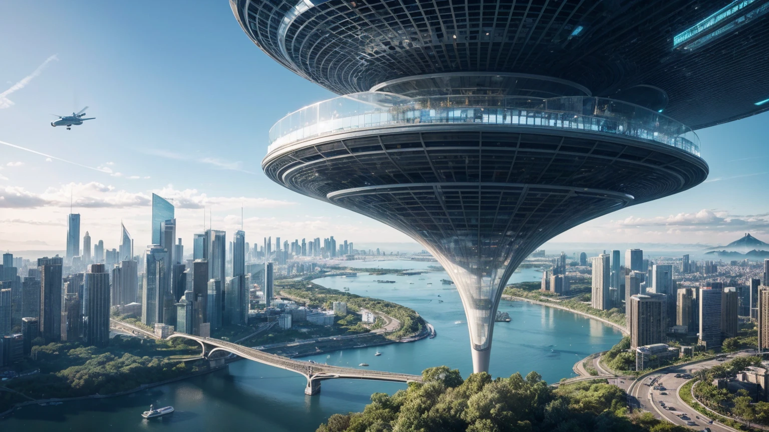 (Best quality,4K,8K,A high resolution,Masterpiece:1.2),Ultra-detailed,(Realistic,Photorealistic,photo-realistic:1.37),Futuristic floating city,Futuristic technology,Huge urban high-tech tablet platform,Airship,Floating in the sky,Futuristic city,Small airships around,High-tech hemispherical platform,Colorful lights,Advanced architecture,modernn architecture,skyscrapper,Access the cloud,Scenic beauty,view over city,Impressive design,Blend seamlessly with nature,energetic and vibrant atmosphere,Futuristic transportation system,Parking is suspended,Transparent path,Lush greenery,Sky gardens,cascading waterfalls,Magnificent skyline,reflections on the water,Sparkling river,Architectural innovation,futuristic skyscrapers,Transparent dome,The shape of the building is unusual,Elevated walkway,Impressive skyline,Glowing lights,Futuristic technology,Minimalist design,Scenic spots,Panoramic view,Cloud Piercing Tower,Vibrant colors,epic sunrise,epic sunset,Dazzling light display,magical ambiance,The future city,Urban Utopia,LuxuryLifestyle,Innovative energy,sustainable development,Smart city technology,Advanced infrastructure,Tranquil atmosphere,Nature and technology live in harmony,Awesome cityscape,Unprecedented urban planning,Architecture connects seamlessly with nature,High-tech metropolis,A cutting-edge engineering marvel,The future of urban living,Visionary architectural concept,Energy-efficient buildings,Harmony with the environment,A city floating above the clouds,Utopian dreams become reality,The possibilities are endless,State-of-the-art transportation network,Green energy integration,Innovative materials,Impressive holographic display,Advanced communication system,Breathtaking aerial view,Quiet and peaceful environment,Modernist aesthetics,Ethereal beauty