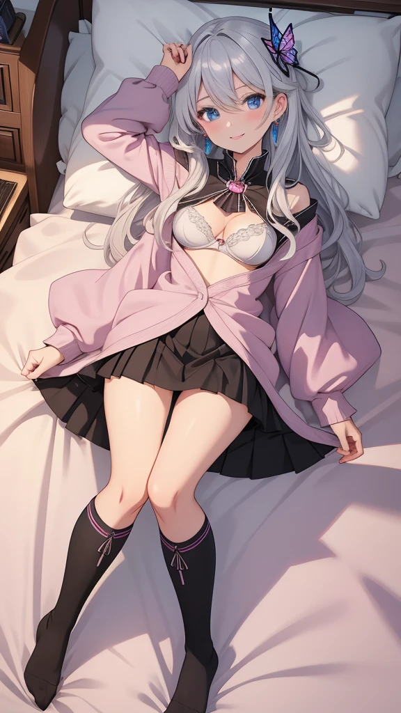 masterpiece, best quality, 1 solo girl, silver hair, blue eyes, long hair, medium , sexy boand face, wavy hair, smile, black socks, brown bow, knee-highs, long sleeves, open bra, open panty, parips, pink pleated skirt, puffy long slee purple shirt, pendant, bracelet, jewelry, earrings, butterfly hair orna, book, lying at the bed, night sky, sexy pose, cowboy shotsetailed body, face, and eyes, sharp focus, vibrant, creative, dynamic, high definition, high resolution, 8k, (Upscale: R-ESRGAN 4x+ Anime6mage enchance:4x), voluptuous body, cinema lightning, dakimakura style, looking at the viewer,