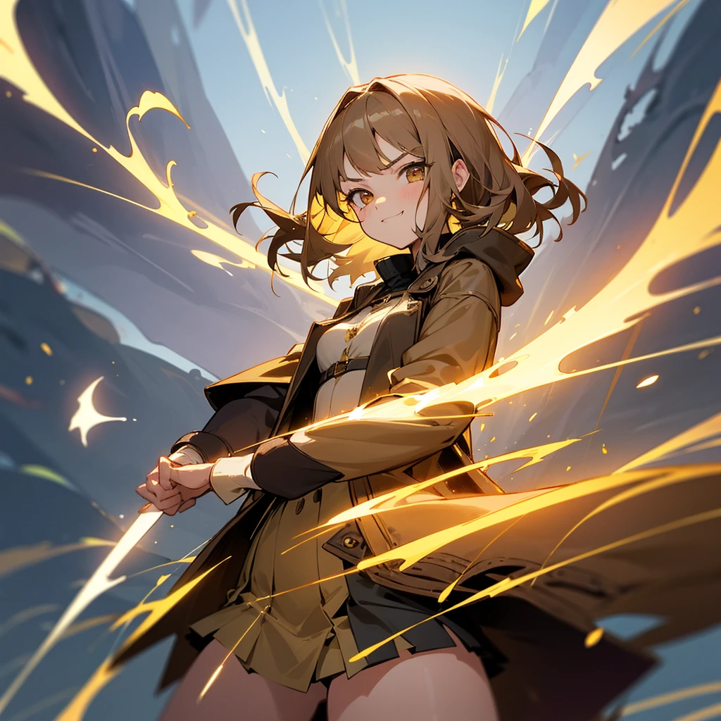 beautiful girl, cute face, perfect anatomy, short light brown hair, golden eyes, wearing an adventurer's outfit, wearing skirt, wearing a coat, with a arrogant expression, a smug smile, eyes with a arrogant expression, small breasts, big thighs, using thunder magic for summoning a thunder, anime style.