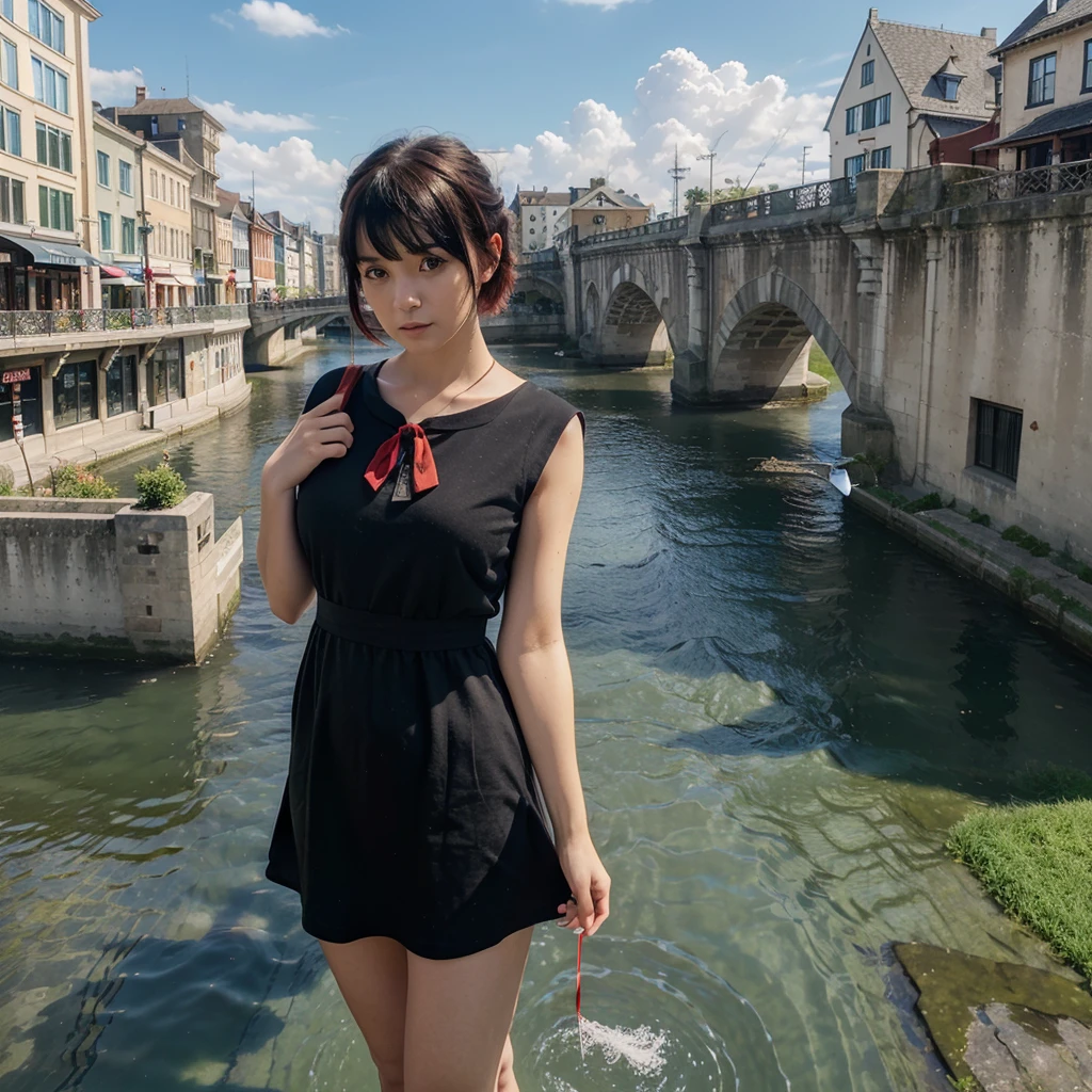 (masterpiece,newest,exceptional:1.2), anime,1girl,bangs,black_hair, beautiful 8k eyes,blue_sky,bridge,building,castle,city,cityscape,cloud,day,dress,looking_at_viewer,outdoors,red_neckwear,red_ribbon,ribbon,river,short_hair,short_sleeves,sky,skyscraper,solo,standing,town,water