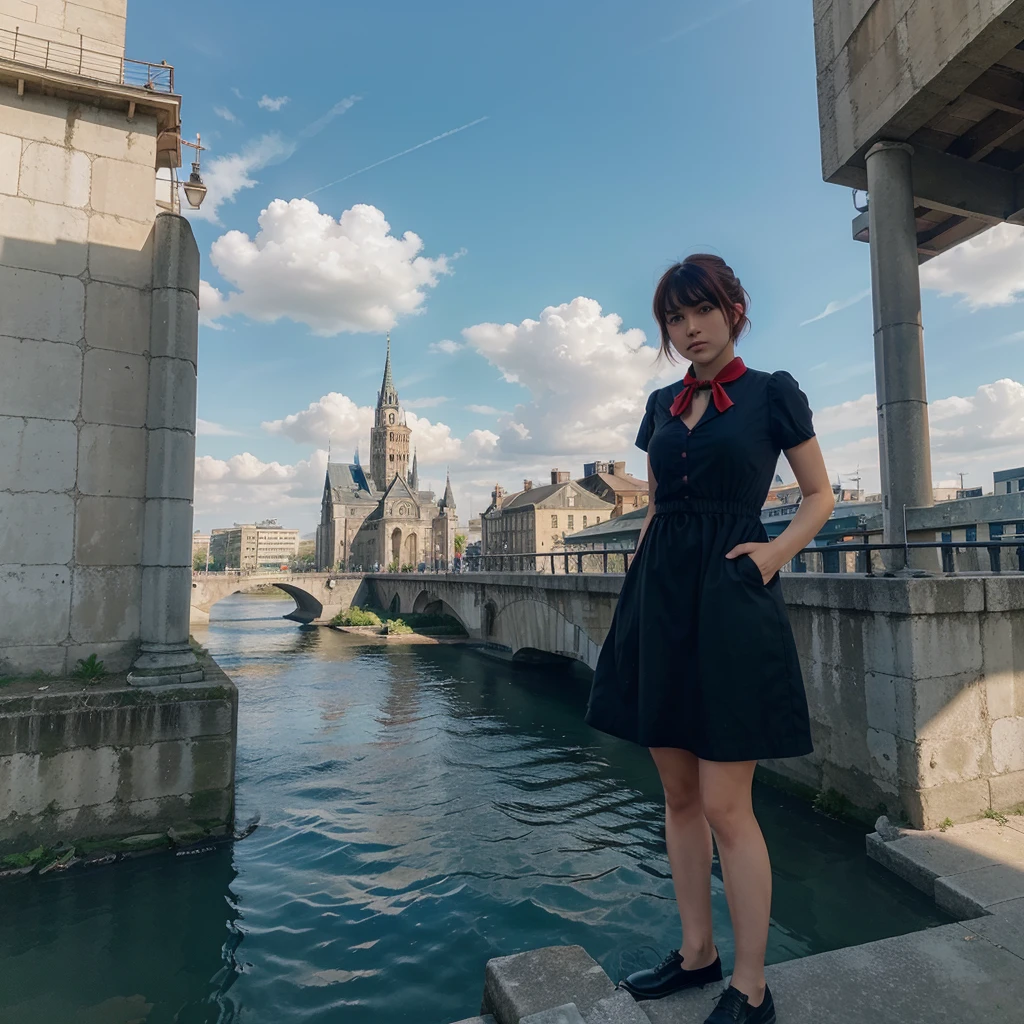 (masterpiece,newest,exceptional:1.2), anime,1girl,bangs,black_hair, beautiful 8k eyes,blue_sky,bridge,building,castle,city,cityscape,cloud,day,dress,looking_at_viewer,outdoors,red_neckwear,red_ribbon,ribbon,river,short_hair,short_sleeves,sky,skyscraper,solo,standing,town,water