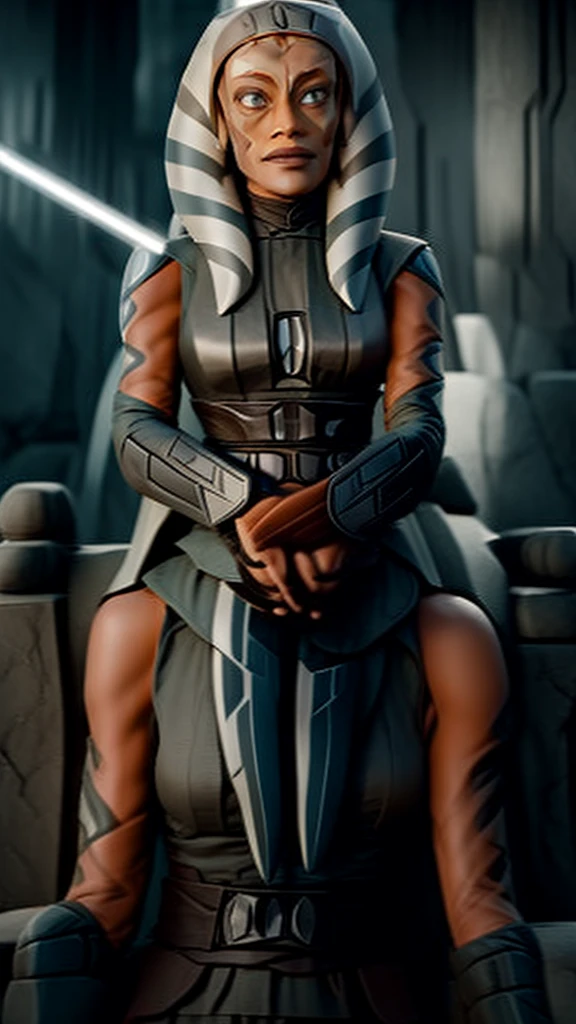 "((Ahsoka)) gracefully seated on a Sith throne, emanating a powerful aura."