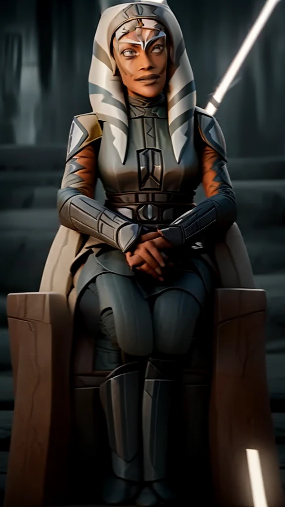 "((Ahsoka)) gracefully seated on a Sith throne, emanating a powerful aura."