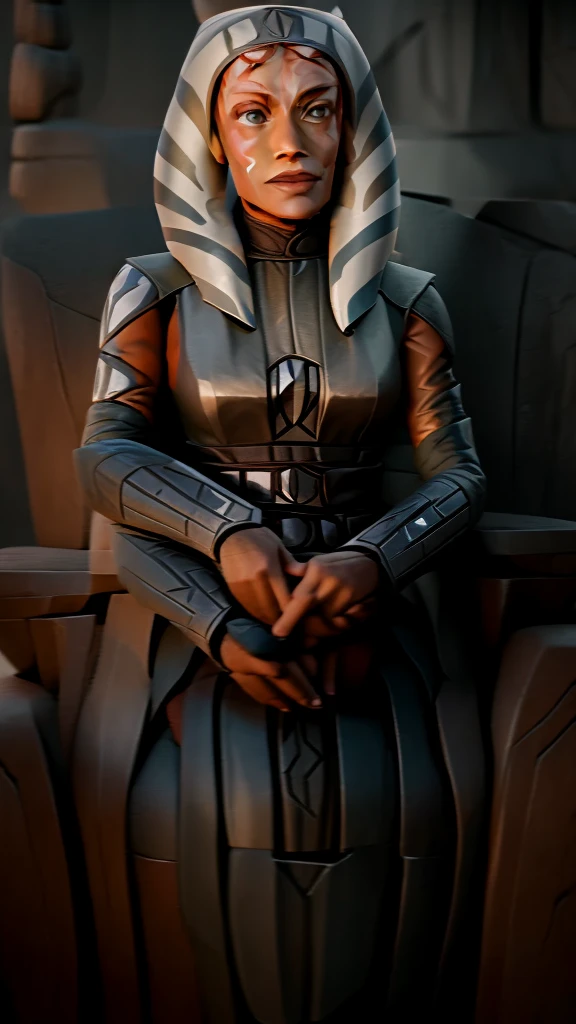 "((Ahsoka)) gracefully seated on a Sith throne, emanating a powerful aura."