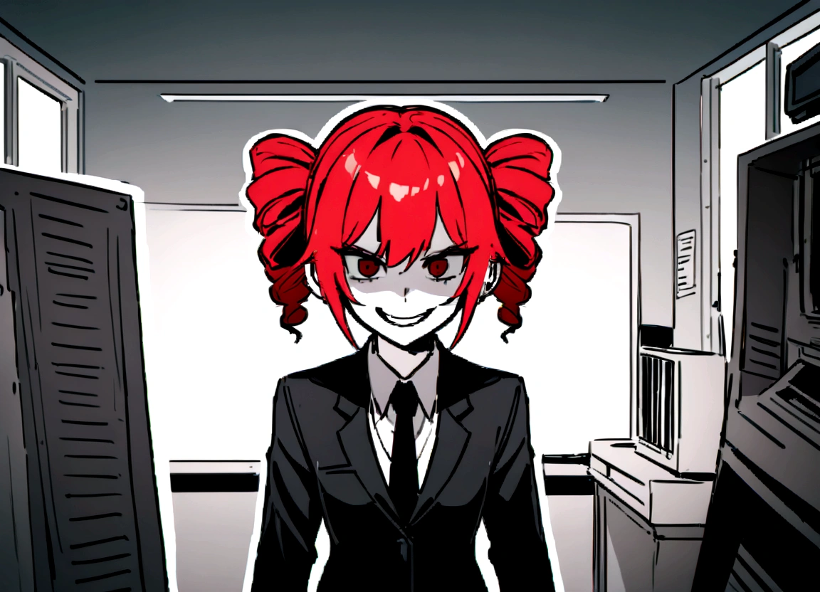 Red hair、Black suit、punch、Scary smile、office、Daytime、Destroy the computer、Momentum、Front facing、indoor