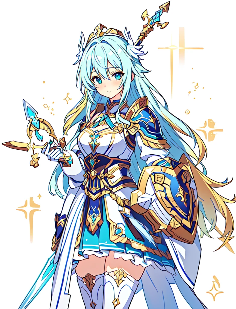 Highest quality, high resolution, High quality anime art style, Valkyrie, cowboy shot,Official Art, Smooth anime CG art,Cute 3D anime girl render, Visual Novel Sprites, White background,Smooth anime CG art, humanoid woman, JRPG Characters, A woman in a white dress and blue armor holding a spear, An intricately designed helmet with white feathers,Small shield, Intricate blue and gold armor,Golden Hair Anime Girl, long hair, Rin々Shii,Large Bust,17 years old,