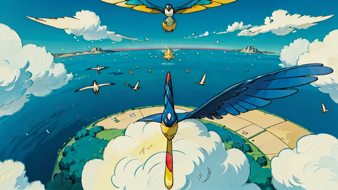 masterpiece, sublime, awe, profound, soaring swallows with rainbow of colors on their wings, iridescent, freedom, free will, anime, in the style of Studio Ghibli, high detail, Blue view, bigsky、other birds and flying creatures, all same direction, diagonal, upwards, Aerial、Cumulonimbus,Spreading its wings、View from 3/4 below、swan、Rule of 3、Golden Ratio、Shine, Blue view, bigsky、sea、Aerial、Cumulonimbus,Spreading its wings、View from above、Rule of 3、Golden Ratio、Shine
