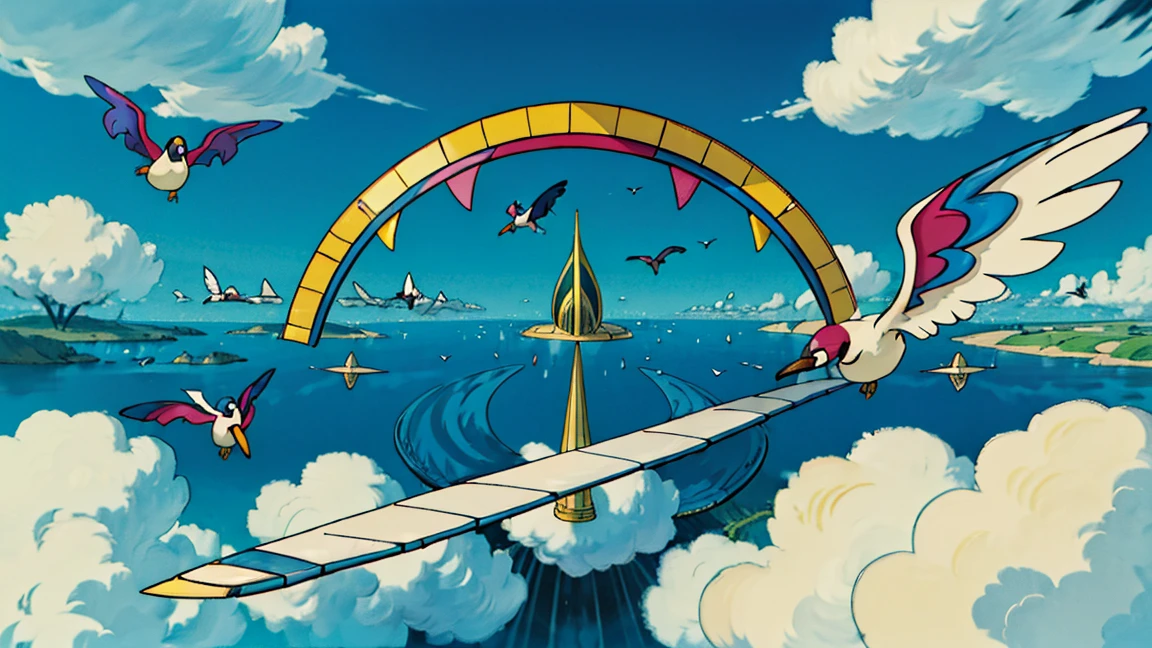 masterpiece, sublime, awe, profound, soaring swallows with rainbow of colors on their wings, iridescent, freedom, free will, anime, in the style of Studio Ghibli, high detail, Blue view, bigsky、other birds and flying creatures, all same direction, diagonal, upwards, Aerial、Cumulonimbus,Spreading its wings、View from 3/4 below、swan、Rule of 3、Golden Ratio、Shine, Blue view, bigsky、sea、Aerial、Cumulonimbus,Spreading its wings、View from above、Rule of 3、Golden Ratio、Shine