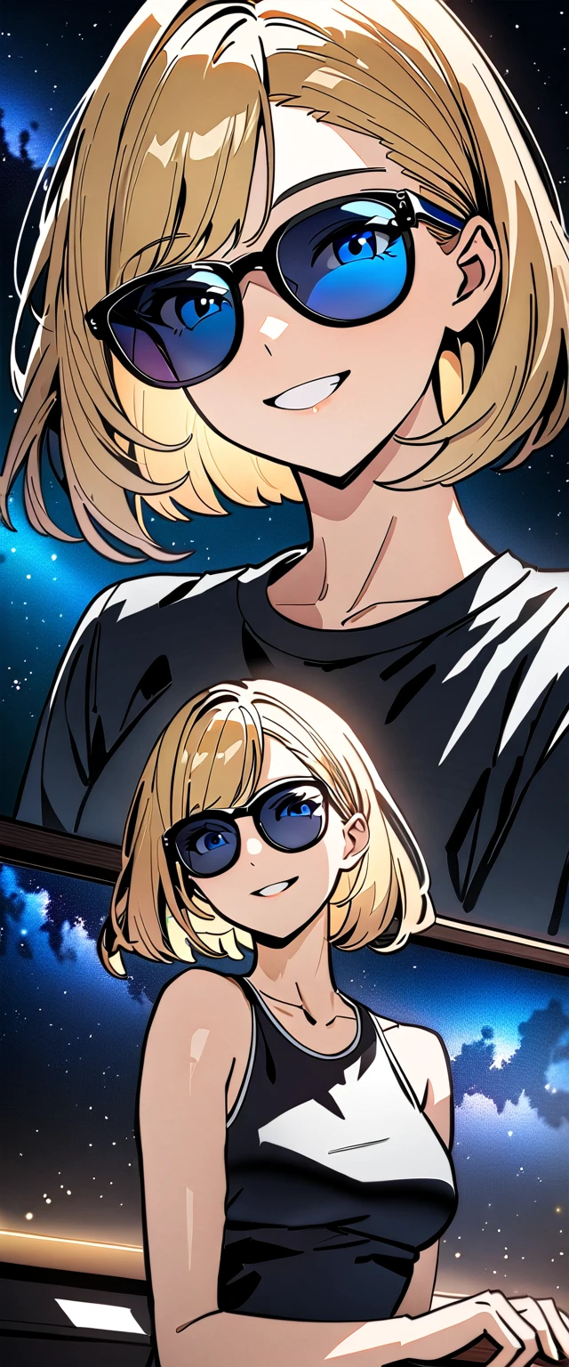 ((grin)), (()), ((pencil dress)), ((blond hair, bob cut:1.3)), ((sunglasses, hand to sunglasses)), (((from side))), ((((upper body)))), bare legs, (()), (((a beautiful starry sky, the Milky Way shining beautifully in the night))), ((standing on the very high cliff)), wavy hair, inward curled hair, ((sea, nature)), breasts, ager, (looking at viewer), oversized clothes, puffy long sleeves, collarbone, head tilt:1.3, (((blue eyes))), happy smile, (((anime style))), (best quality, 4K, 8K, highres, masterpiece:1.2, ultra-detailed, ultra-detailed eyes, HDR, uhd, studio lighting, ultra-fine painting, sharp focus, physically-based rendering, extreme detail description, professional, vivid colors, bokeh)