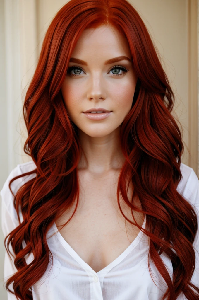 She has long hair (down to her waist), wears a white set of shorts and a crochet shirt, the background is a white wall. Red Hair