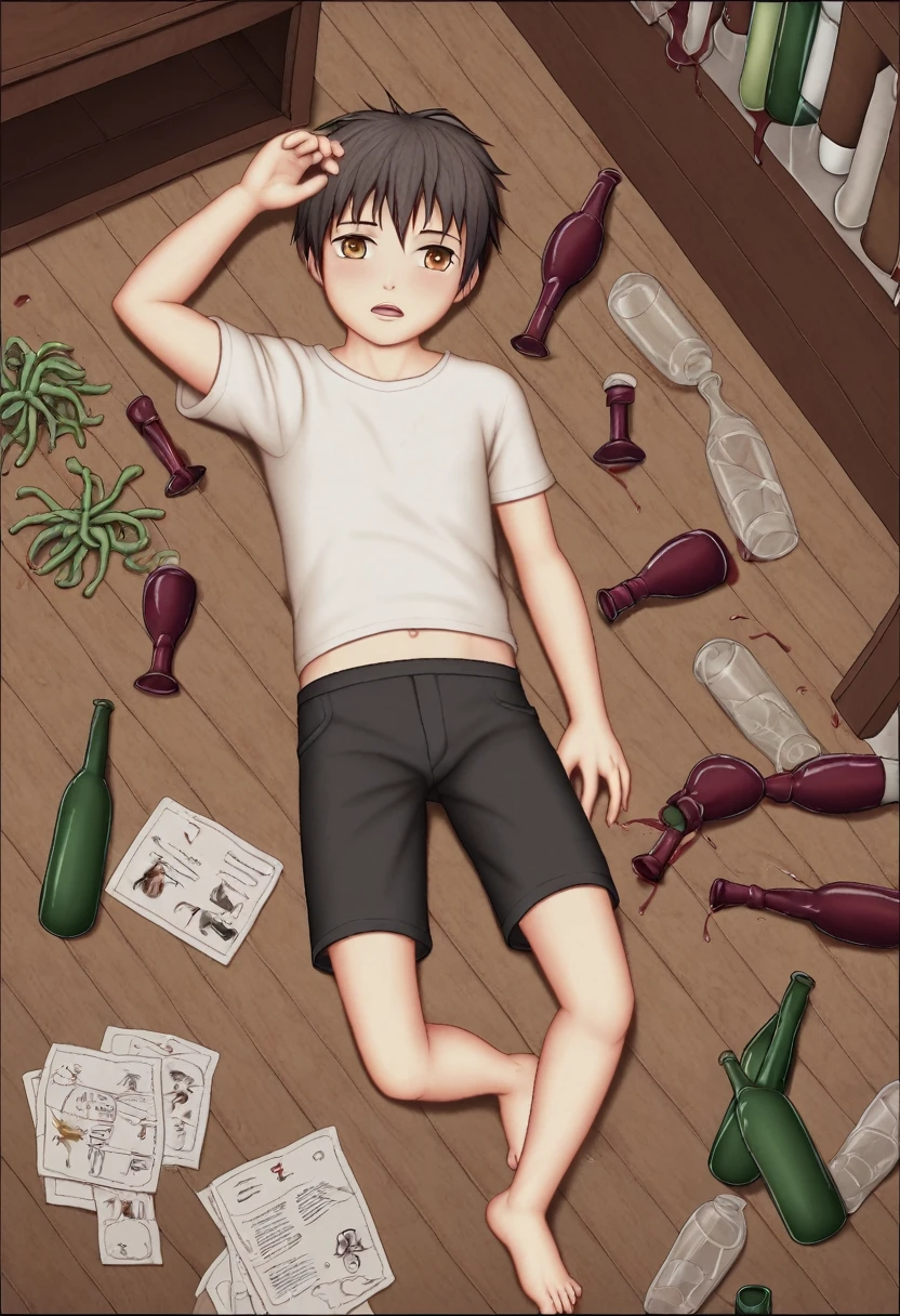 A young man lying in a shabby room，The yellowed dining table in the room is covered with vegetable juice，Dozens of empty wine bottles were scattered on the ground.