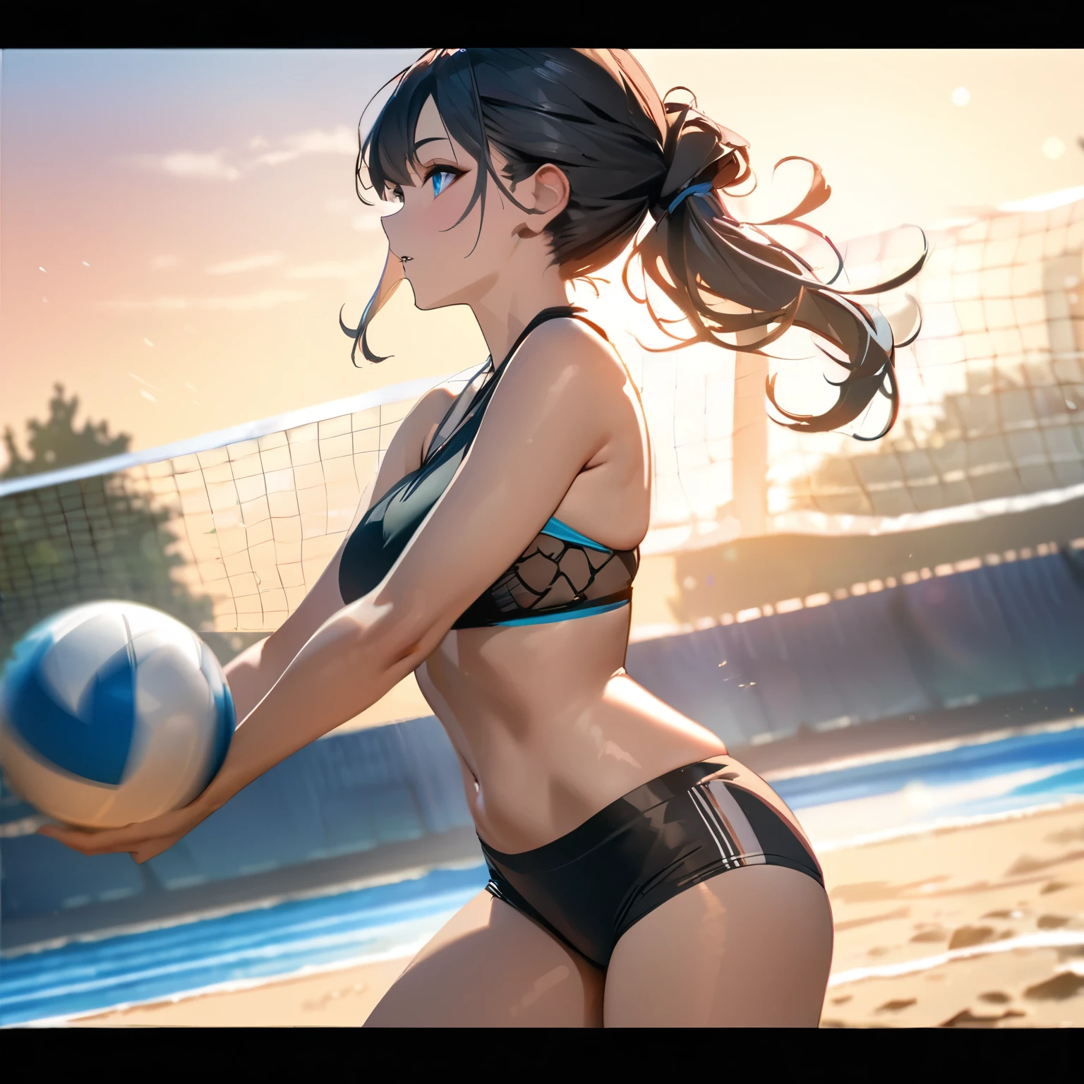 a beautiful girl playing beach volleyball on a sunny beach, athletic woman in bikini spiking the ball, detailed face and body, detailed volleyball court, clear blue sky background, dynamic action pose, masterpiece, high quality, intricate details, stunning colors, warm lighting, golden hour, (best quality,4k,8k,highres,masterpiece:1.2),ultra-detailed,HDR,UHD,studio lighting,ultra-fine painting,sharp focus,physically-based rendering,extreme detail description,professional,vivid colors,bokeh,side view,updo hair style,