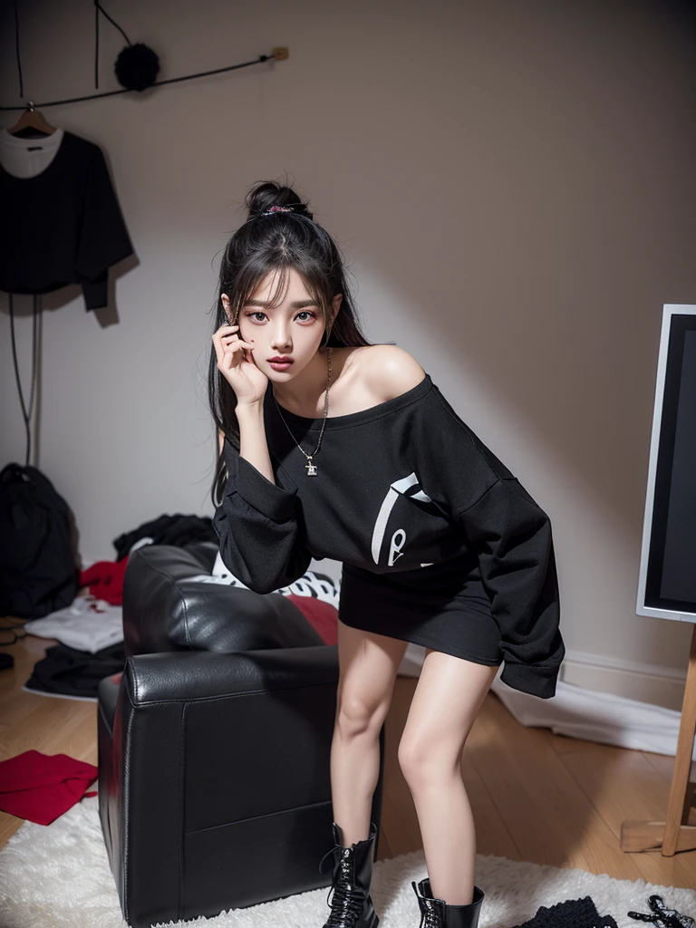 Beautiful woman wearing a black grey While standing wearing swag style clothes mini dress with decorations on the shirt and visible shoulders and wearing boots and being photographed with a background And being in a room filled with things and messy ,Korean style swag, beautiful face so gorgeous, Beautiful eyes, y2k style,