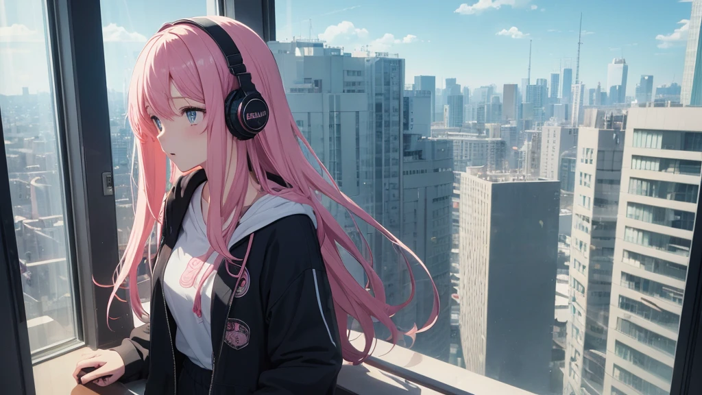 Absurd, Ultra-high resolution, (Official Art, beautifully、mysterious:1.2), Correct human body composition, Impressive eyes, light pink long hair, Larger than average bust, Girl listening to music with headphones, Looking out the window, Lo-fi Girl, and oversized hoodie, Makoto Shinkai and Artgelm, Anime atmosphere, Lofi art style, Anime style 8k, Anime Aesthetics, Lo-fi feeling, Anime Art Wallpapers 8K, An atmosphere of praise, City girl's room, City view from the window, Emotional cityscape, Bright Sky