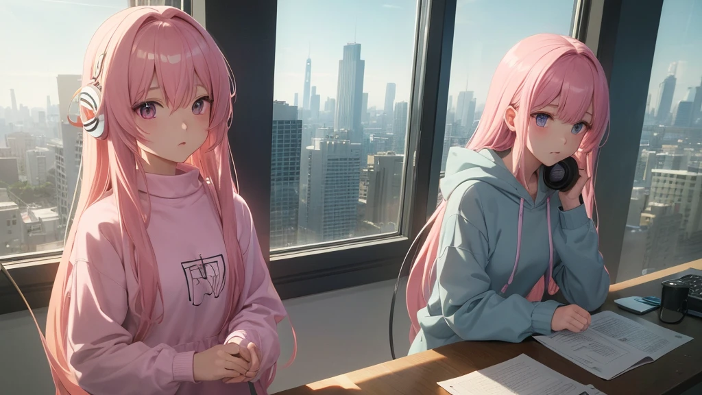 Absurd, Ultra-high resolution, (Official Art, beautifully、mysterious:1.2), Correct human body composition, Impressive eyes, light pink long hair, Larger than average bust, Girl listening to music with headphones, Looking out the window, Lo-fi Girl,  and oversized hoodie, Makoto Shinkai and Artgelm, Anime atmosphere, Lofi art style, Anime style 8k, Anime Aesthetics, Lo-fi feeling, Anime Art Wallpapers 8K, An atmosphere of praise, City girl&#39;s room, City view from the window, Emotional cityscape, Bright Sky