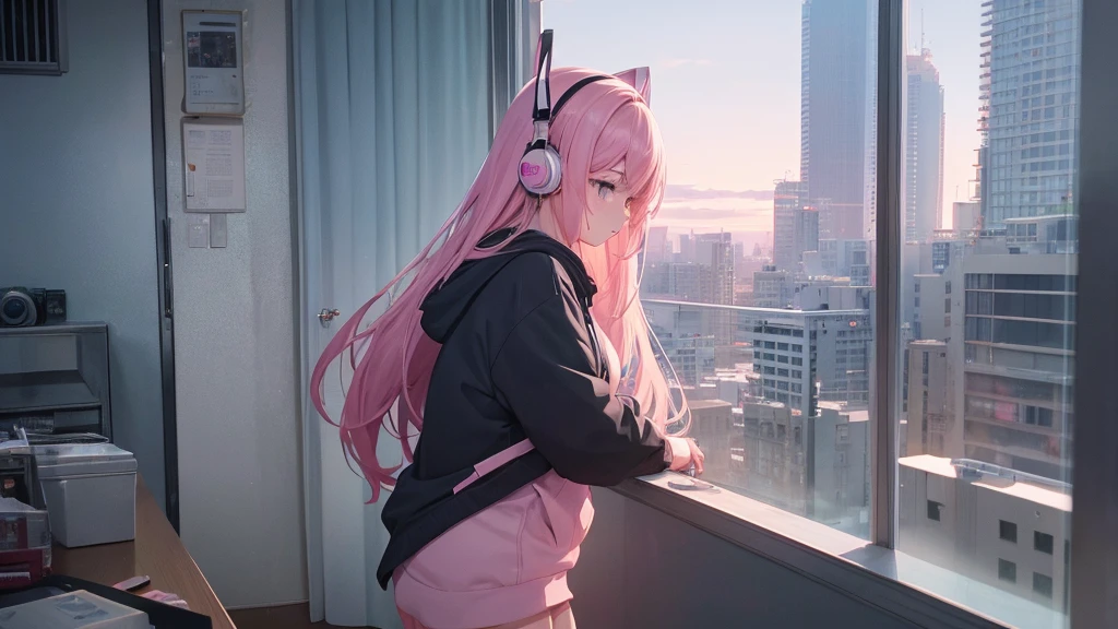 Absurd, Ultra-high resolution, (Official Art, beautifully、mysterious:1.2), Correct human body composition, Impressive eyes, light pink long hair, Larger than average bust, Girl listening to music with headphones, Looking out the window, Lo-fi Girl,  and oversized hoodie, Makoto Shinkai and Artgelm, Anime atmosphere, Lofi art style, Anime style 8k, Anime Aesthetics, Lo-fi feeling, Anime Art Wallpapers 8K, An atmosphere of praise, City girl&#39;s room, City view from the window, Emotional cityscape, Bright Sky