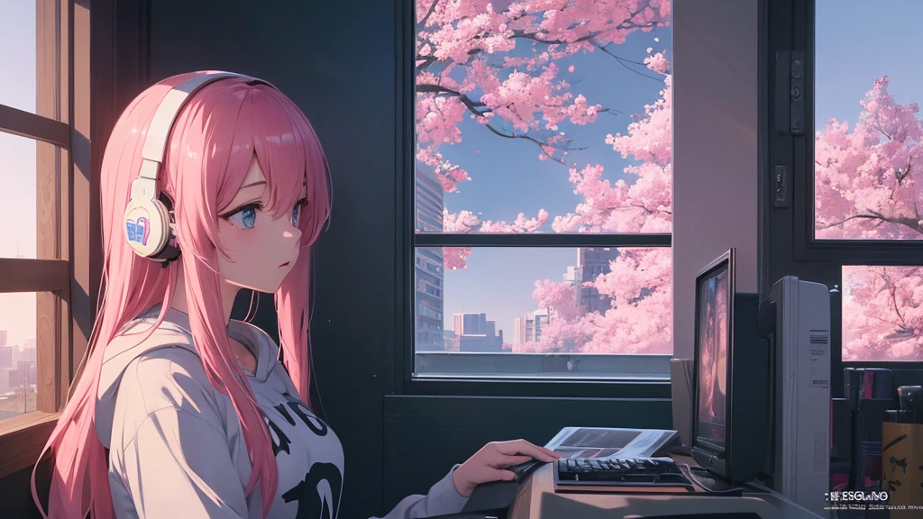 Absurd, Ultra-high resolution, (Official Art, beautifully、mysterious:1.2), Correct human body composition, Impressive eyes, light pink long hair, Larger than average bust, Girl listening to music with headphones, Looking out the window, Lo-fi Girl,  and oversized hoodie, Makoto Shinkai and Artgelm, Anime atmosphere, Lofi art style, Anime style 8k, Anime Aesthetics, Lo-fi feeling, Anime Art Wallpapers 8K, An atmosphere of praise, City girl&#39;s room, City view from the window, Emotional cityscape, Bright Sky