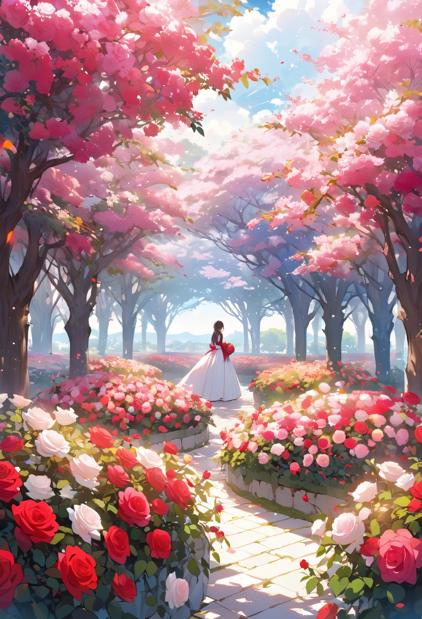 Surrounded by a vast rose garden, Bright red flowers, pink, And the white covers the landscape in a flurry of colors.. A hall among flowers々Stand with, A tree stretches towards the sky, The branches spread out as if embracing the beauty of the surroundings.. From a tree&#39;s perspective, A breathtakingly majestic sight unfolds. In the distance, Towering Mountain々is looming on the horizon, 山頂は渦巻くcloudの切れ間に包まれている. The sun begins to rise behind the majestic mountain range, warm, Golden glow on the serene landscape below. cloud, I was moved by the first light of dawn., fluffy, Ethereal quality, Enhances the sense of serenity that permeates the entire scene. Inspired by the art style of acclaimed anime films "yourname," Create images that capture the beauty and serenity of nature. Pay close attention to detail, From the intricate patterns of roses to the subtle play of light and shadow in the landscape.. Keep the colors soft and calm, Reflecting the quiet of early morning. More than anything, Convey awe and awe, The breathtaking views of this idyllic garden、The viewers will be enthralled.