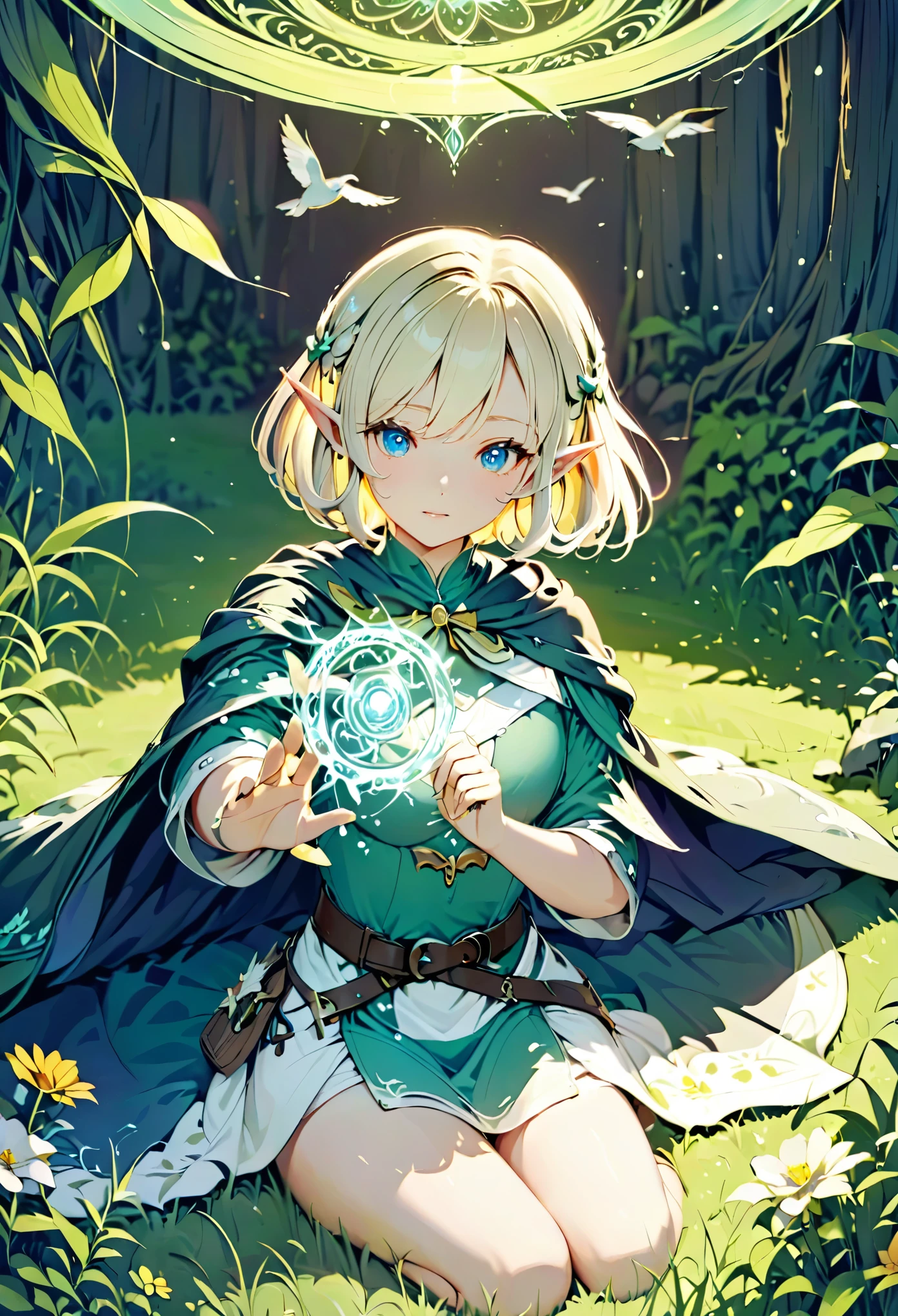 ((Very detailed), Grass, nature, bird, green, splash, emissive, lights), ((Cinematic), Gradation, Warm and soft lighting), ((Ultra-detailed, Beautiful Face, 1 girl), one girl, Very detailed, whole body, cute, Beautiful eyes drawn in detail, short hair, white hair, blonde hair, multicolored hair, blue eyes, ennui, Beautiful Hands, Fluttering Hair, Wrap by hand, sword in the hand, armor, arms, bow, bow, elf, cape, cloak, magic circle))