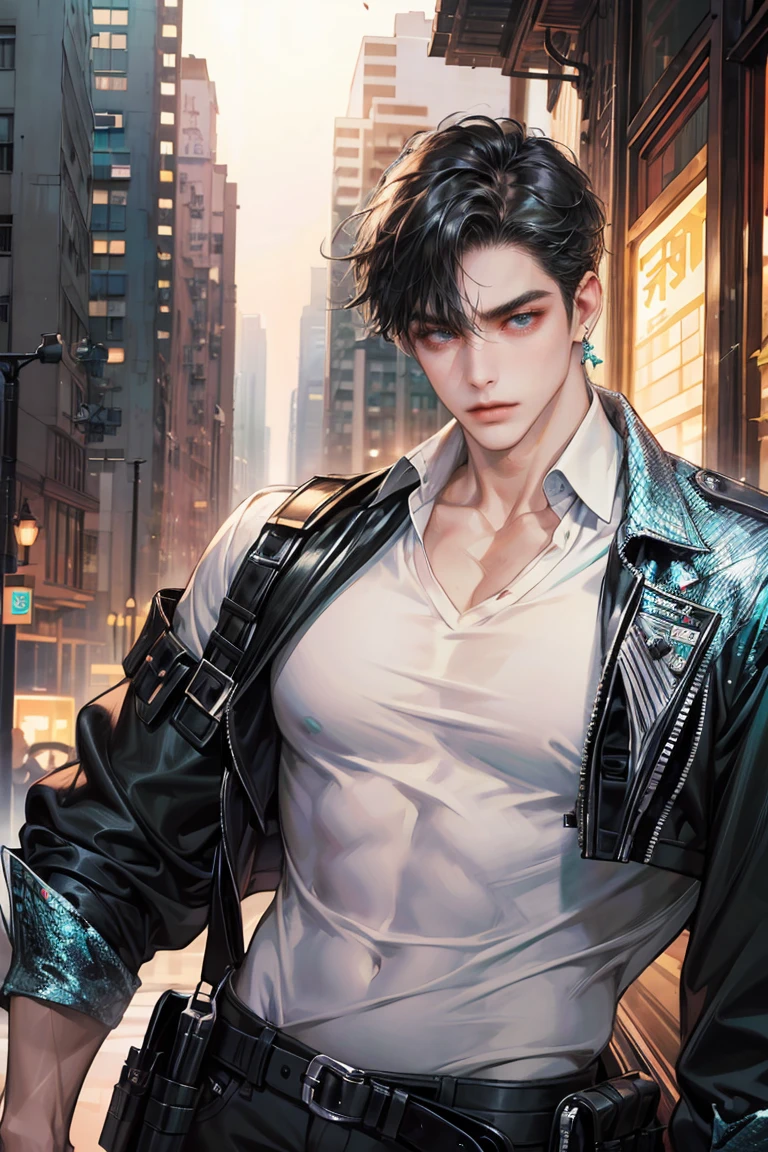 (absurdres, highres, ultra detailed, original character, HDR), 1 boy, solo, adult, handsome, ((tall muscular guy, broad shoulders)), finely detailed eyes, (black hair), hair between eyes, turquoise eyes, holographic, futuristic, casual and sexy outfit, gun holster, (body tight white shirt), ((large man breasts)), ((wearing an earring)), (portrait), dutch angle, face focused, british colonial scenery, dystopian hong kong city, skyscrapers, closed mouth, looking at viewer, depth of field, bokeh