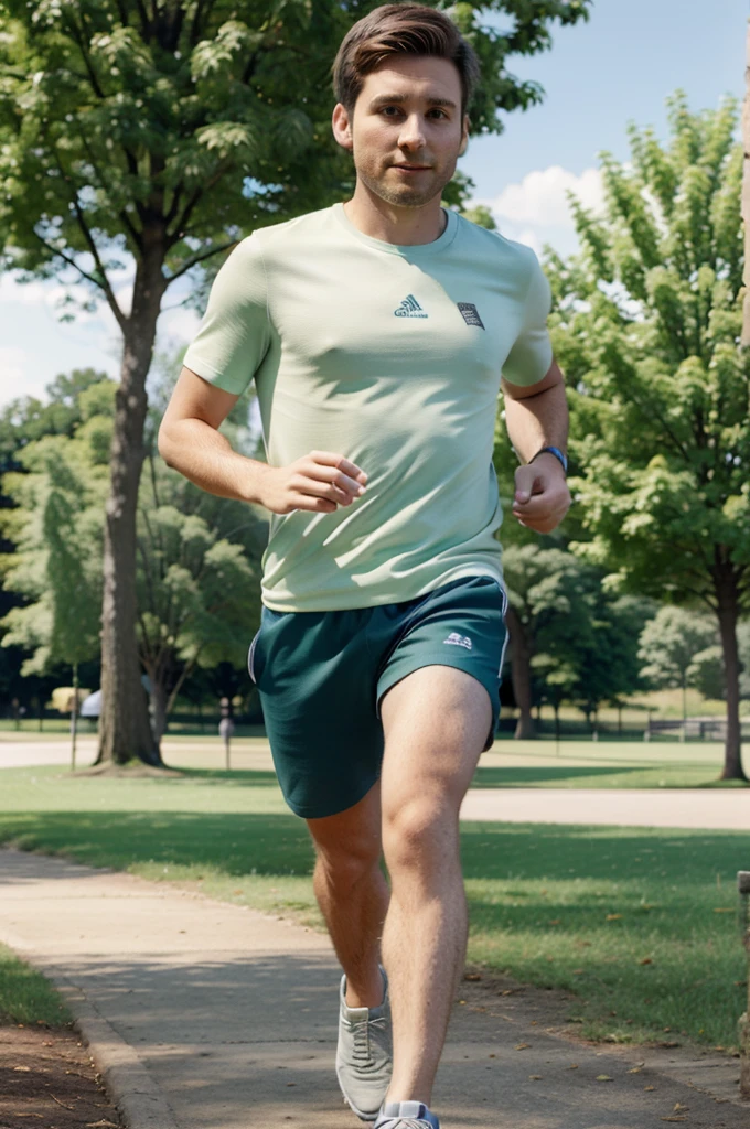 A 30-year-old man with fair skin, light brown short hair, running in a park. He is wearing athletic clothes, such as a t-shirt and shorts, and running shoes. The park has green grass, trees, and a clear sky in the background