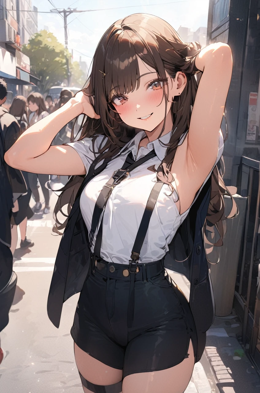(masterpiece:1.5), highest quality, Super detailed, very detailed, exquisite, 16k, Full HD, very aesthetic, absurdres, anime style, 1girl, high school girl, beautiful, female, super sexy girl, 18 years old, shoulder-length brown hair, brown hair, joyful smile, trendy casual fashion, denim jacket, white T-shirt, shorts, sneakers, taking, busy street with cafes and boutiques, sunny afternoon, bright sunlight on girl's face, soft shadows, people and bicycles in the background, blue sky and tall buildings in the distance, sharp focus on subject, vivid colors, cheerful and lively atmosphere, warm sunlight feel, in brazil