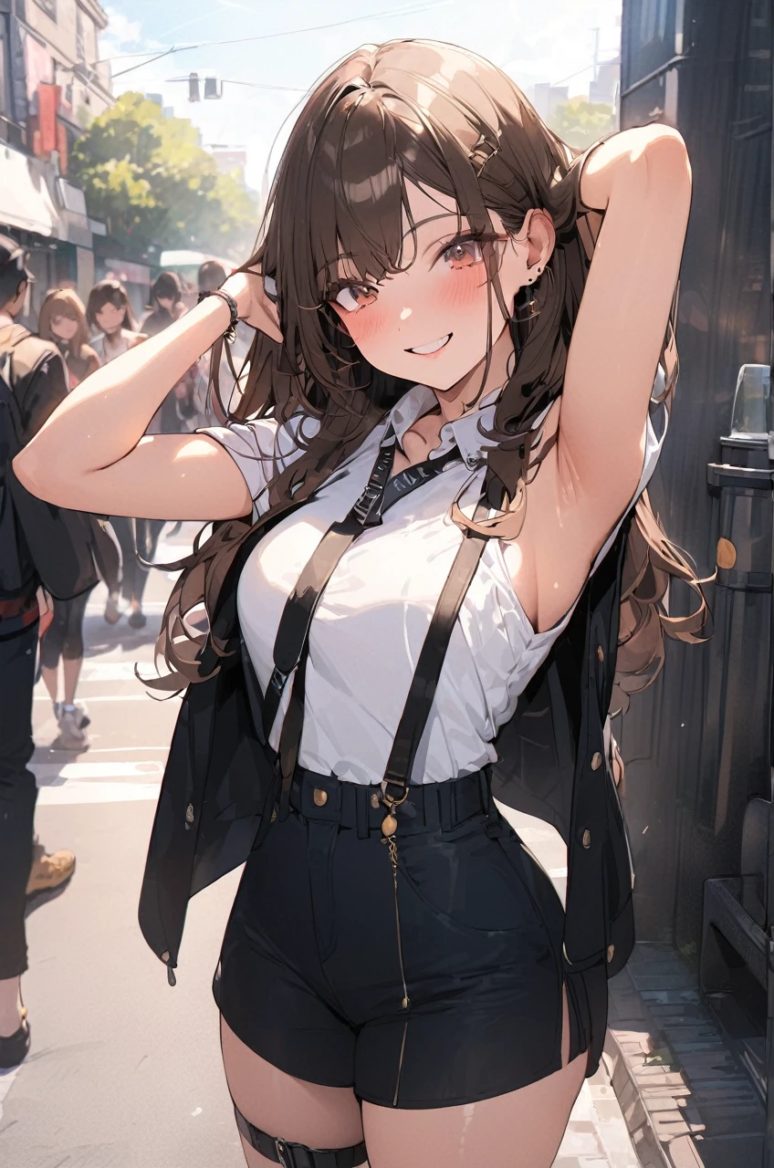 (masterpiece:1.5), highest quality, Super detailed, very detailed, exquisite, 16k, Full HD, very aesthetic, absurdres, anime style, 1girl, high school girl, beautiful, female, super sexy girl, 18 years old, shoulder-length brown hair, brown hair, joyful smile, trendy casual fashion, denim jacket, white T-shirt, shorts, sneakers, taking, busy street with cafes and boutiques, sunny afternoon, bright sunlight on girl's face, soft shadows, people and bicycles in the background, blue sky and tall buildings in the distance, sharp focus on subject, vivid colors, cheerful and lively atmosphere, warm sunlight feel, in brazil
