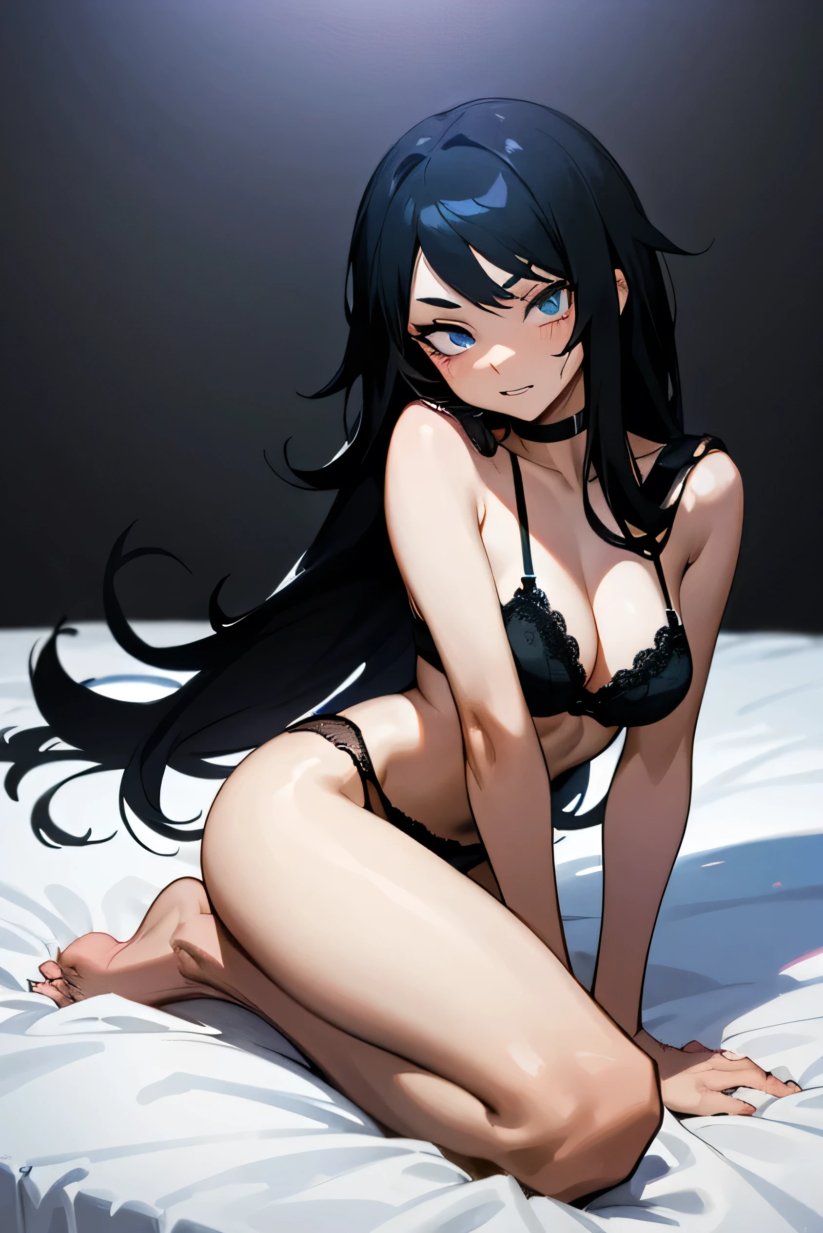 female character. anime style. my hero academia. wide shot. whole body. attractive. Light skinned girl, long messy black hair. blue eyes. under eye liner. Black lace lingerie. black bra . black panties. barefoot. whole body. lying in bed. pose sexy.  Elegant white room background at night. biting lip