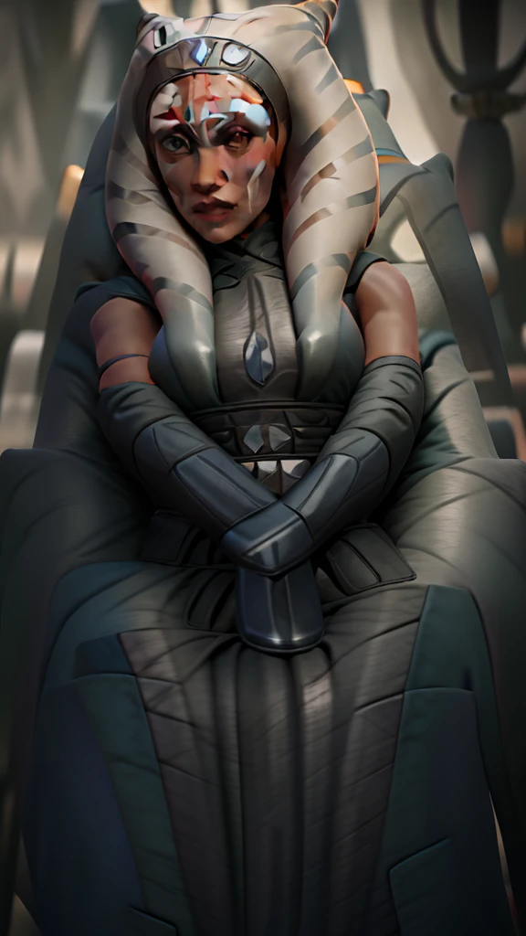 "((Ahsoka)) gracefully seated on a Sith throne, emanating a powerful aura."