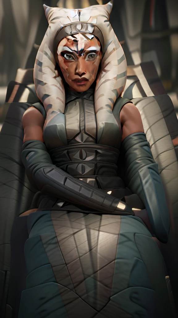 "((Ahsoka)) gracefully seated on a Sith throne, emanating a powerful aura."