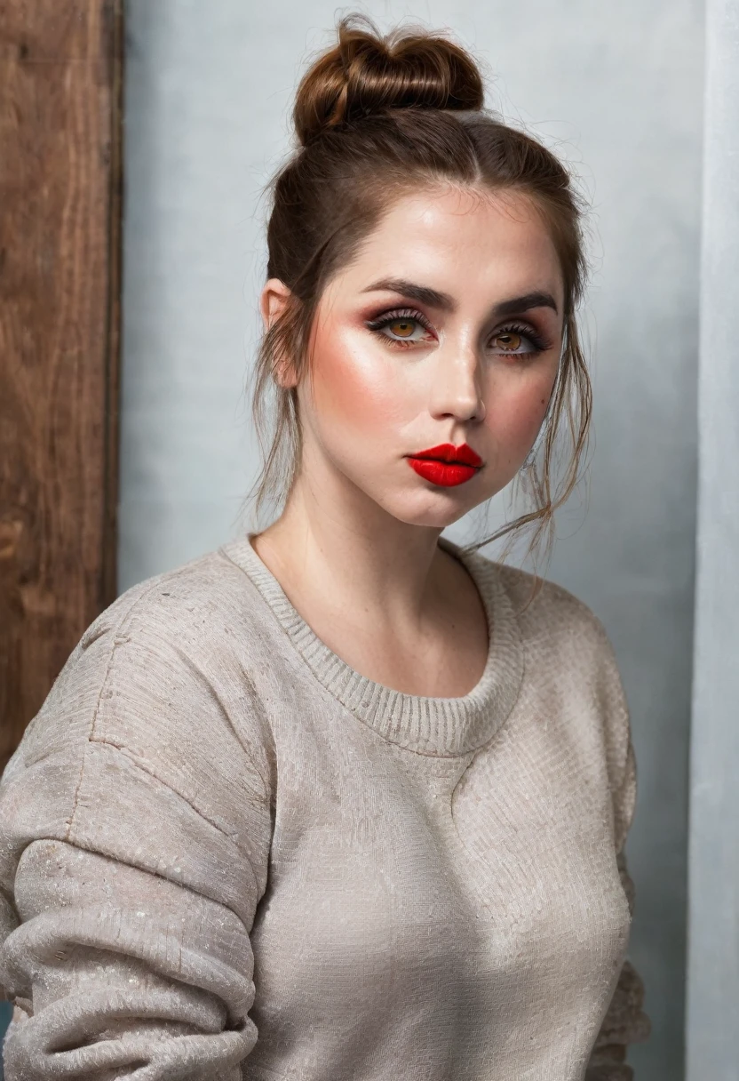 Lena Paul, White skin, portrait, face portrait, Red lips, distressed, voluptuous, Straight hair, Red hair,Hair up in a bun, braid in hair, transparent sweatshirt, exposed nipples, pronounced tits
