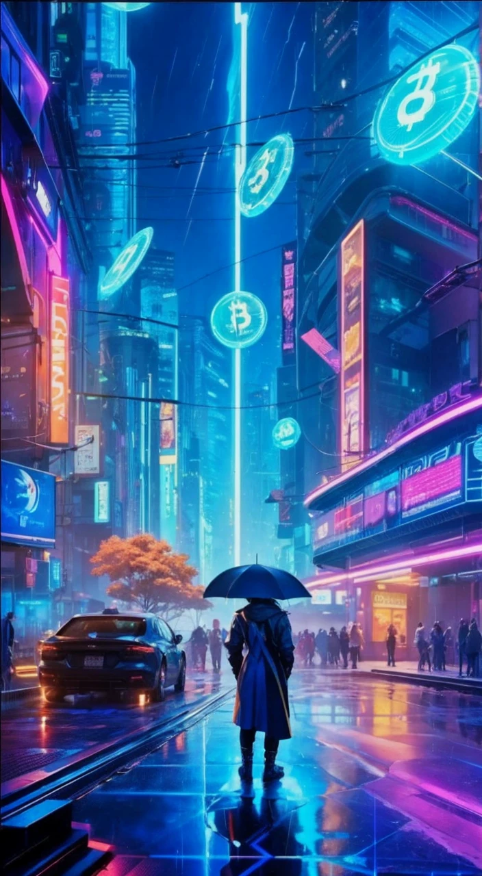 In a cyberpunk setting, a detailed girl,HD 4K wallpaper featuring a rain of money and cryptocurrencies in electric blue."