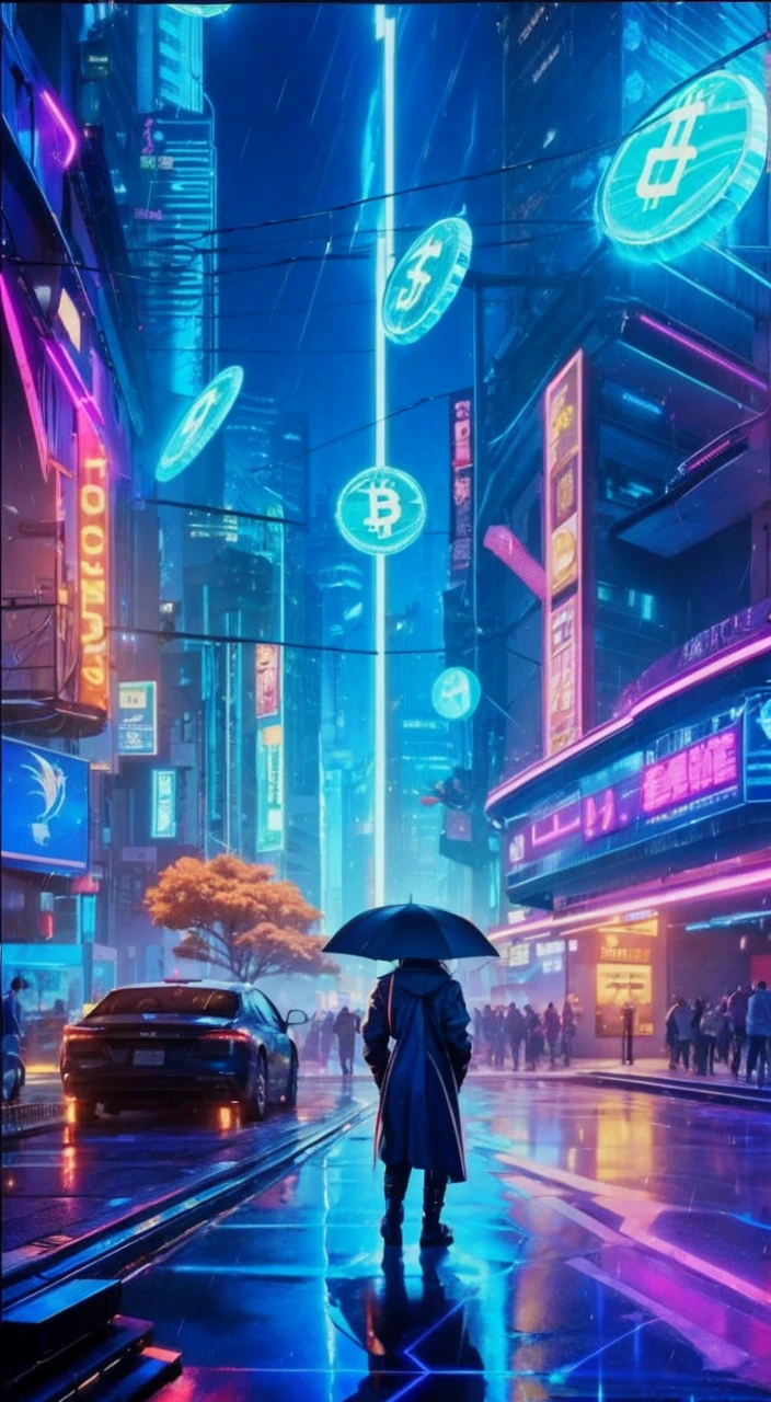 In a cyberpunk setting, a detailed girl,HD 4K wallpaper featuring a rain of money and cryptocurrencies in electric blue."