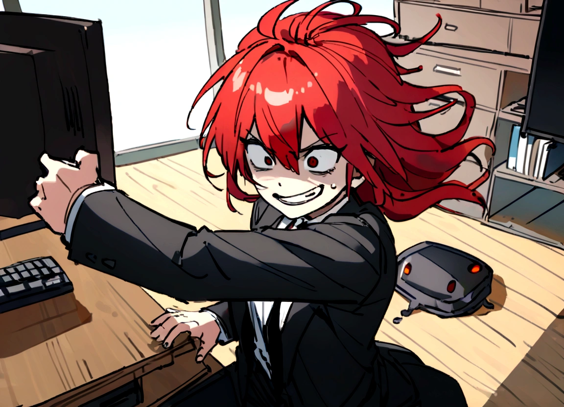 Red hair、Black suit、punch、Scary smile、office、Daytime、Destroying a computer with your handomentum、