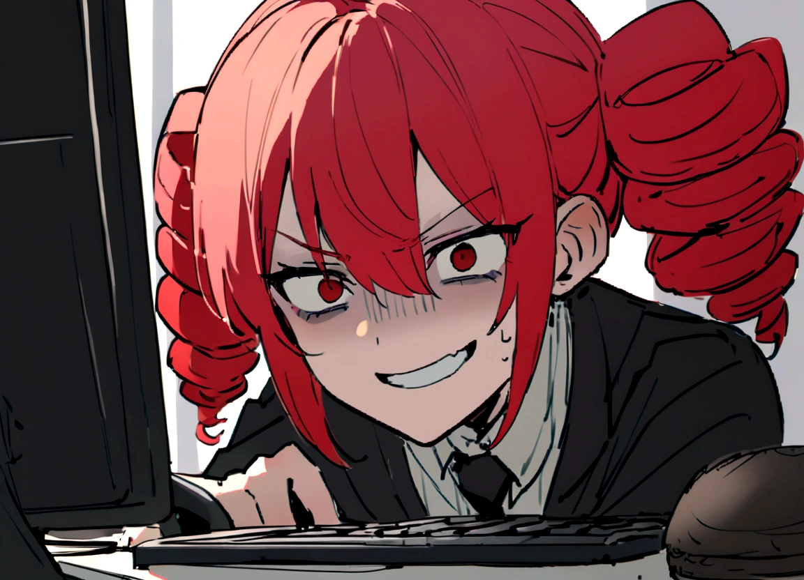 Red hair、Black suit、punch、Scary smile、office、Daytime、Destroying a computer with your handomentum、