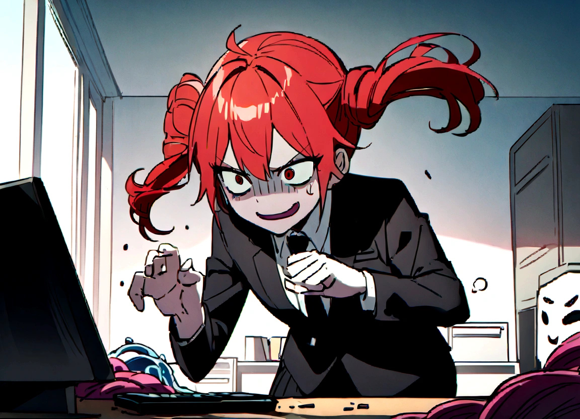 Red hair、Black suit、punch、Scary smile、office、Daytime、Destroying a computer with your handomentum、