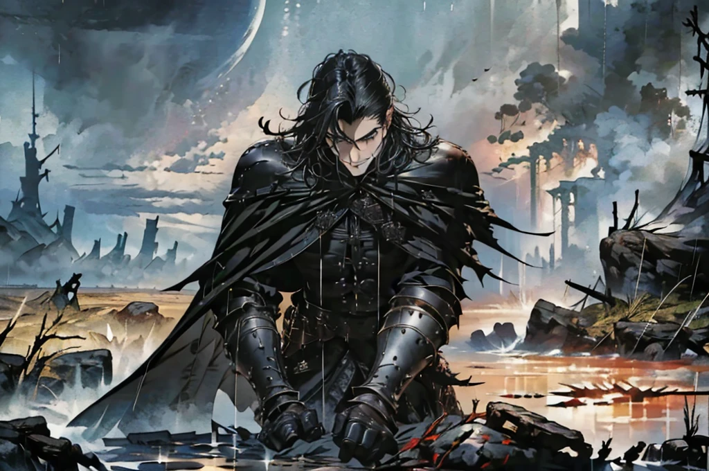 Masterpiece, Highest quality,battlefieldในเมือง, rain, realistic, 1 person, mature man, A quiet and charming young man, 30 years old, smile, gag, Portrait, Highly detailed face, 寒さとsmile, ((blue eyes)), ((black short hair)), [Thick eyebrows], battlefield, ((long coatสีดำ)), long coat, ((all black)), (blue eyes) ,Short Black Quiff Hair with Soft Fringe, handsome , muscle, Facial expressions, Black Knight Armor (Plain black armor) , black fur shawl(Masterpiece,best quality,special, (Broad shoulders)) (muscle), male focus, Hand Held Weapons (Crescent repeater),Lipo,Fang Tian Hua Ji, attack posture. , Details of his repeater, Characteristics and characteristics of monsters, and convey the tension and power of the encounter.."