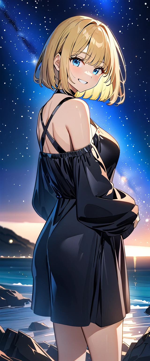 ((grin)), ((off-shoulder dress:1.3, criss-cross halter)), ((sundress)), ((blond hair, bob cut:1.3)), ((sunglasses, hand to sunglasses)), (((from side))), ((((upper body)))), bare legs, (()), (((a beautiful starry sky, the Milky Way shining beautifully in the night))), ((standing on the very high cliff)), wavy hair, inward curled hair, ((sea, nature)), breasts, ager, (looking at viewer), oversized clothes, puffy long sleeves, collarbone, head tilt:1.3, (((blue eyes))), happy smile, (((anime style))), (best quality, 4K, 8K, highres, masterpiece:1.2, ultra-detailed, ultra-detailed eyes, HDR, uhd, studio lighting, ultra-fine painting, sharp focus, physically-based rendering, extreme detail description, professional, vivid colors, bokeh)