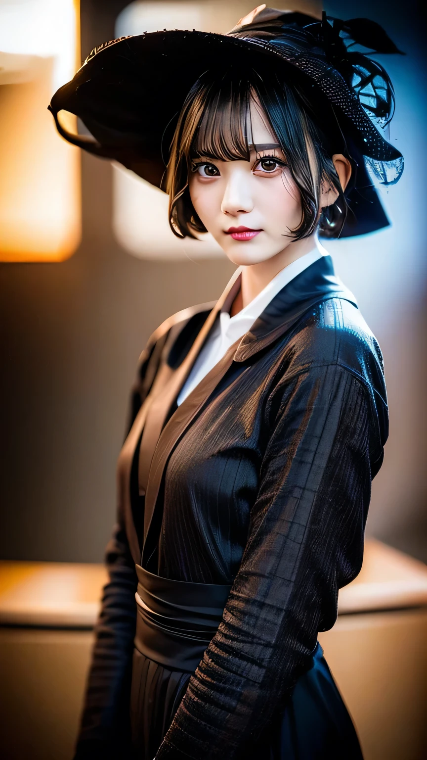 Highest quality, masterpiece, Ultra-high resolution, (Realistic:1.4), RAW Photos, One girl, Black short hair, Detailed eyes and face,, Dynamic Lighting, Modest, whole body, Japanese, witch, hat