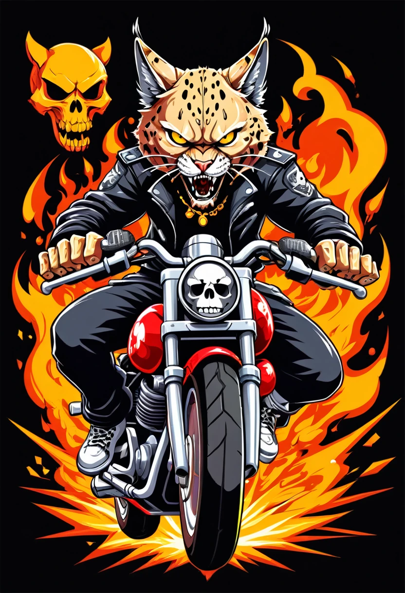A motorcycle lynx with a skull head, fighting game style, Hip-Hop Style, t shirt design, flat-colors, vectorial art, ((black backdrop)) . dynamic, Vibrant, full of action, detailed character design, reminiscent of fighting video games