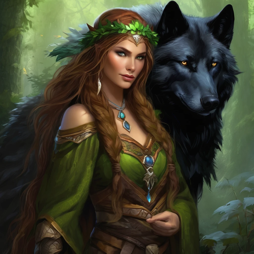 (Beautiful elf druid girl 1.3) hug a big black wolf (Background&#39;Extremely detailed Unity 8k CG display, head of&#39;artwork, best quality, ultra-detailed, beautiful, bright, detailed eyes:1.2), better lighting, (best shadow, an extremely delicate and beautiful, floraison, iridescent), head of&#39;artwork, best quality:1.1, realistic:1.3, Cinematic lighting:1.2, on a sunny cliff:1.5, ultra photorealistic, photorealistic:1.0, sharpness:1.1, depth of ﬁeld:1.1, 50mm, Hasselblad X1D II, Door 160