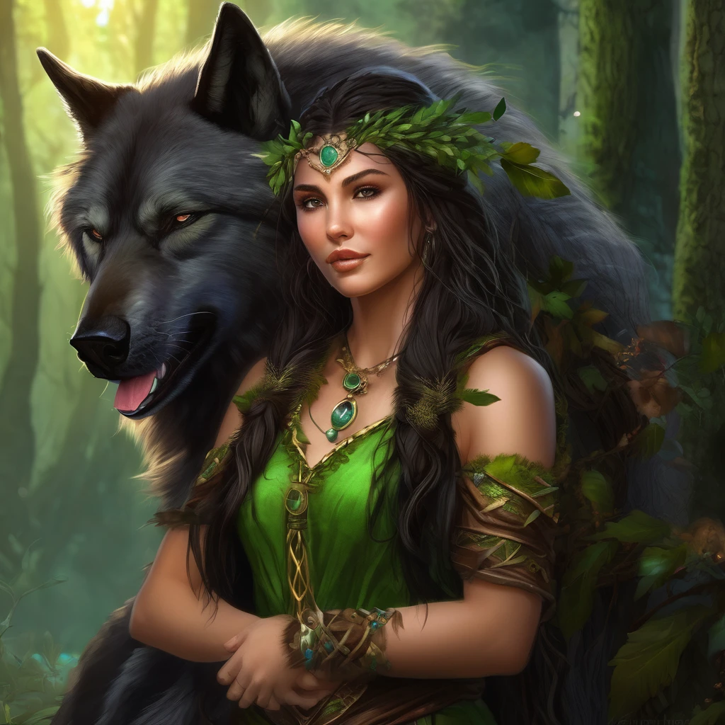 (Beautiful elf druid girl 1.3) hug a big black wolf (Background&#39;Extremely detailed Unity 8k CG display, head of&#39;artwork, best quality, ultra-detailed, beautiful, bright, detailed eyes:1.2), better lighting, (best shadow, an extremely delicate and beautiful, floraison, iridescent), head of&#39;artwork, best quality:1.1, realistic:1.3, Cinematic lighting:1.2, on a sunny cliff:1.5, ultra photorealistic, photorealistic:1.0, sharpness:1.1, depth of ﬁeld:1.1, 50mm, Hasselblad X1D II, Door 160