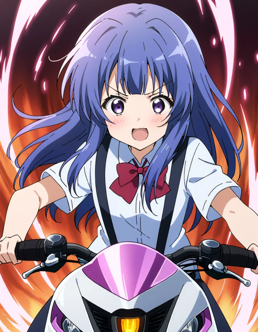score_9, score_8_up, score_7_up, score_6_up, source_anime,,,,1girl, solo, furude rika, (tween:1), kawaii, blue hair, purple eyes, long hair, blunt bangs, bangs, bow, skirt, shirt, suspenders, smile, short sleeves, pleated skirt, white shirt, open mouth, red bow, ^_^, suspender skirt, , black skirt, collared shirt, blush, bowtie, blunt bangs, dress shirtt, , anime coloring.serious,(a girl riding a motorcycle at full speed:1.3),(),),,,(serious expression:1.1)、