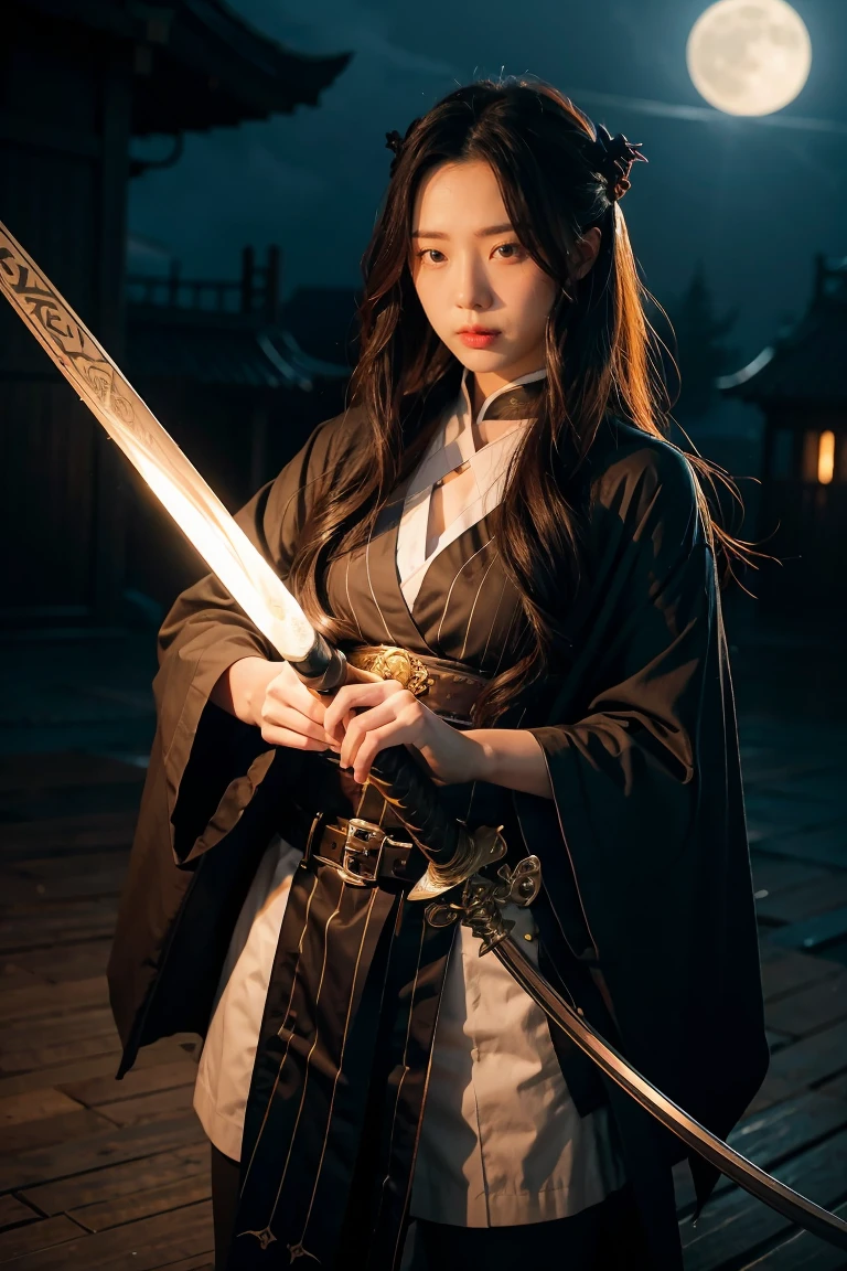 Anime female character with long hair holding a sword in front of a full moon, cute face in Demon Slayer art, Kimetsu no Yaiba, inspired by Demon Slayer, Yoriichi Tsugikuni, Demon Slayer Artstyle, Demon Slayer anime image, Tanjiro Kamado