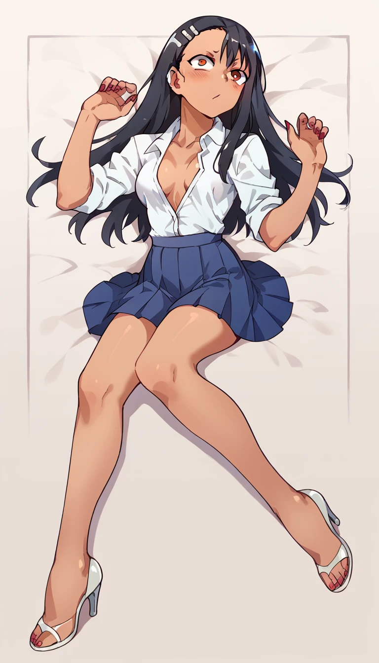 Hayase Nagatoro, White unbuttoned shirt, blue pleated skirt, clear open-toe high heels, red nails 