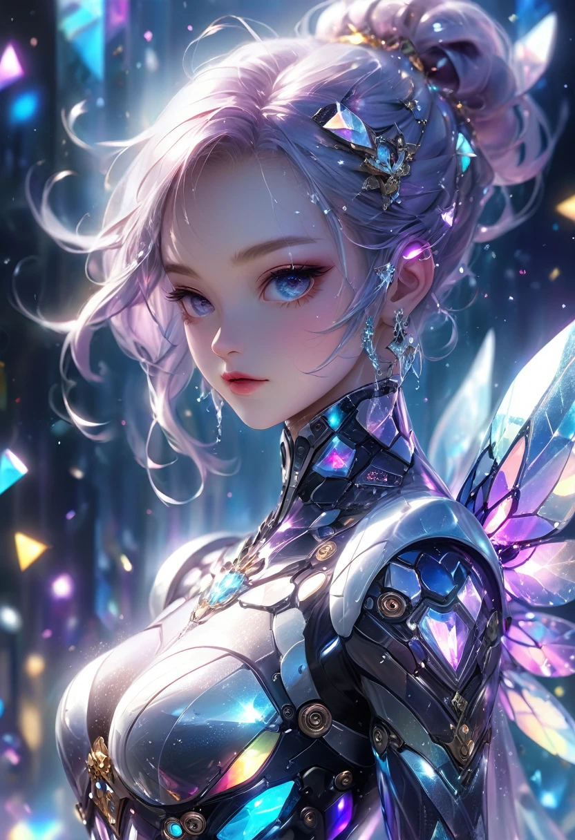 crystal covered, （Full body ：1.3）, alternate color, masterpiece, detailed illustration, realistic, pixiv top quality, exquisite, {{{kawaii 1girl}}}, ultra beauties who fuse with machines, glitter beautiful female, Half of my body is made of machines, cinematic lighting, dynamic angle, dynamic pose, crystal world, depth of field，Shiny socks，Crystal stockings，Crystal high heels
