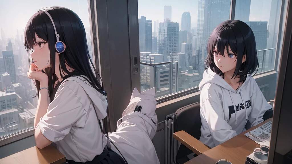 Absurd, Ultra-high resolution, (Official Art, beautifully、mysterious:1.2), Correct human body composition, Impressive eyes, Long, shiny black hair, Larger than average bust, Girl listening to music with headphones, Looking out the window, Lo-fi Girl, and oversized hoodie, Makoto Shinkai and Artgelm, Anime atmosphere, Lofi art style, Anime style 8k, Anime Aesthetics, Lo-fi feeling, Anime Art Wallpapers 8K, An atmosphere of praise, City girl's room, City view from the window, Emotional cityscape, Bright Sky