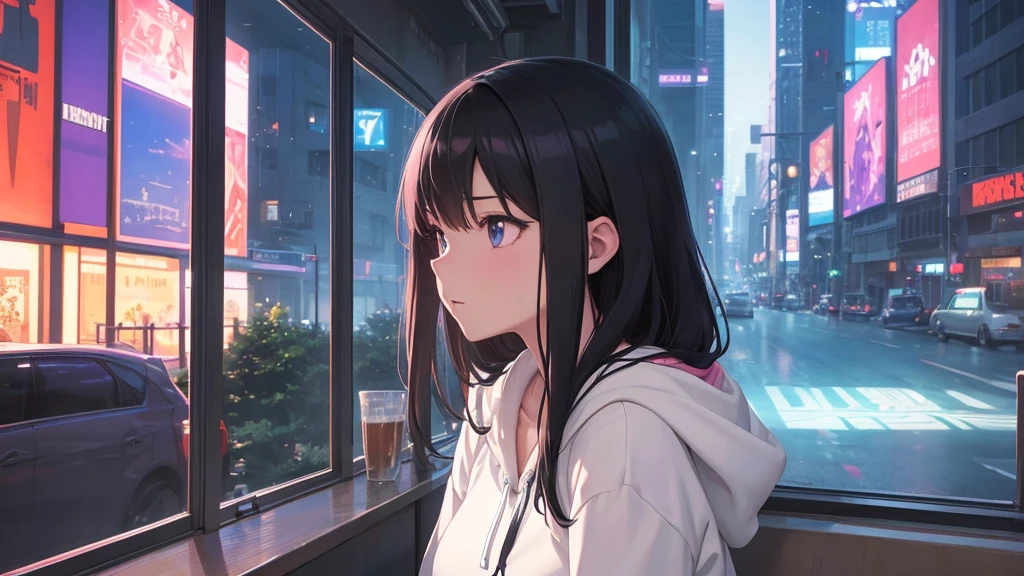 Absurd, Ultra-high resolution, (Official Art, beautifully、mysterious:1.2), Correct human body composition, Impressive eyes, Long, shiny black hair, Larger than average bust, Girl listening to music with headphones, Looking out the window, Lo-fi Girl,  and oversized hoodie, Makoto Shinkai and Artgelm, Anime atmosphere, Lofi art style, Anime style 8k, Anime Aesthetics, Lo-fi feeling, Anime Art Wallpapers 8K, An atmosphere of praise, City girl&#39;s room, City view from the window, Emotional cityscape, Bright Sky
